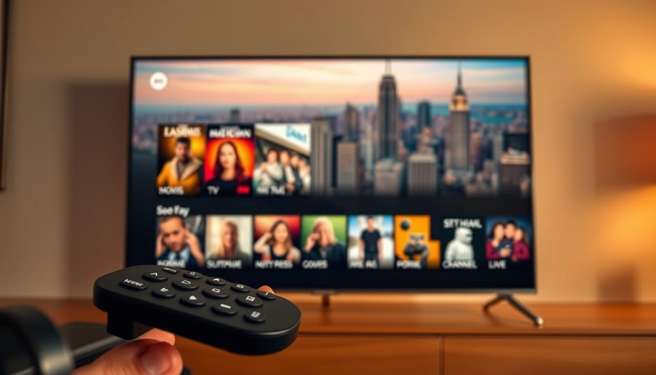 A hand holding a black remote control, pointing towards a smart TV displaying an IPTV interface with movie and TV show thumbnails. The background features a scenic city skyline at sunset, highlighting a modern and immersive IPTV services setup.