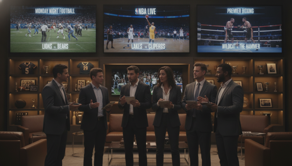 A dynamic scene depicting a vibrant sports entertainment environment featuring a variety of sports broadcasts on large screens in a modern, well-lit room. In the foreground, a diverse group of individuals, dressed in professional attire, is engaged in animated discussions about their favorite sports events. The middle ground showcases sleek TV screens displaying various sports channels, with bright and colorful graphics that highlight different sports like football, basketball, and boxing. The background features stylish furniture and subtle sports memorabilia, enhancing the atmosphere. Use warm, inviting lighting to create a lively, enthusiastic mood, with a slightly blurred depth of field, emphasizing the foreground interactions while keeping the screens in focus.