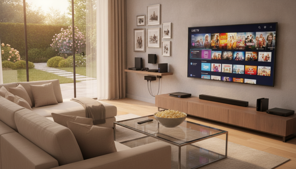A modern home living room setting featuring a comfortable couch oriented towards a sleek, large-screen television displaying a vibrant IPTV streaming interface. In the foreground, an elegantly designed coffee table holds a remote control and a bowl of popcorn, evoking a warm, inviting atmosphere. The middle ground showcases a wall adorned with framed family photos and a shelf filled with various streaming devices. Soft, natural light filters through large windows, creating a cozy ambiance. The background reveals a view of a lush UK garden through the glass, adding a touch of greenery. Capture this scene with a warm color palette and a slightly elevated angle, emphasizing the connection between family entertainment and modern technology.