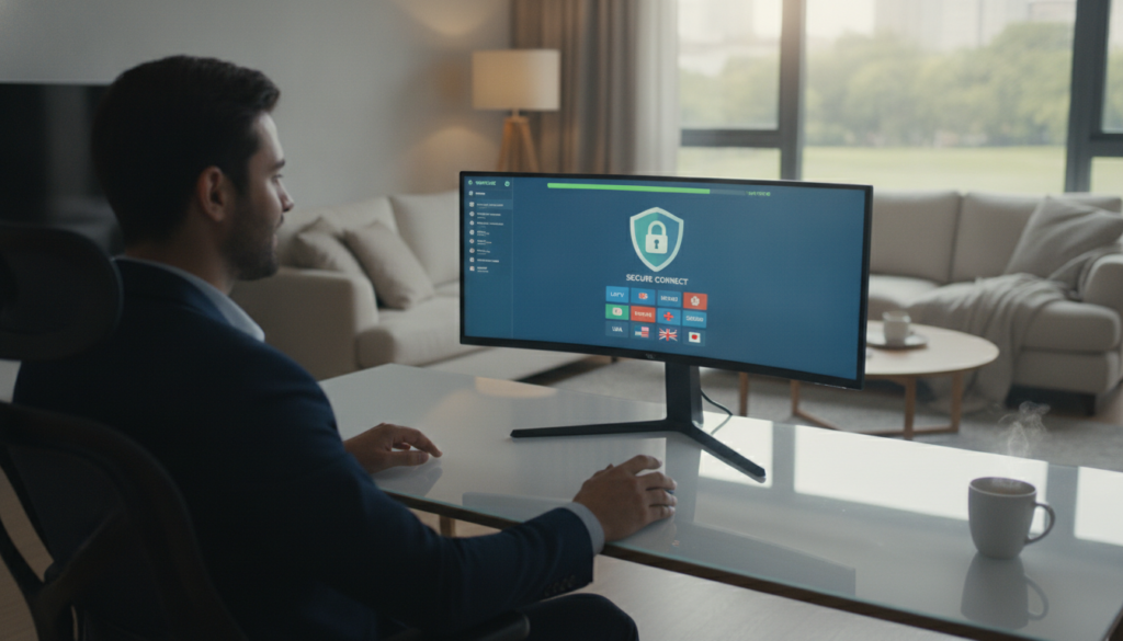A modern home office setting, featuring a sleek desktop computer displaying a user-friendly VPN interface designed for IPTV, symbolizing security and ease of use. In the foreground, a professional in business attire is focused on the screen, engaged in browsing IPTV options. The middle background showcases a cozy living space with soft, ambient lighting, enhancing the atmosphere of relaxation and entertainment. A large window lets in natural light, creating a warm, inviting scene. The angle is slightly from above, focusing on the user and their engaging environment. The overall mood is one of comfort, professionalism, and the excitement of accessing a world of live TV and movies securely.