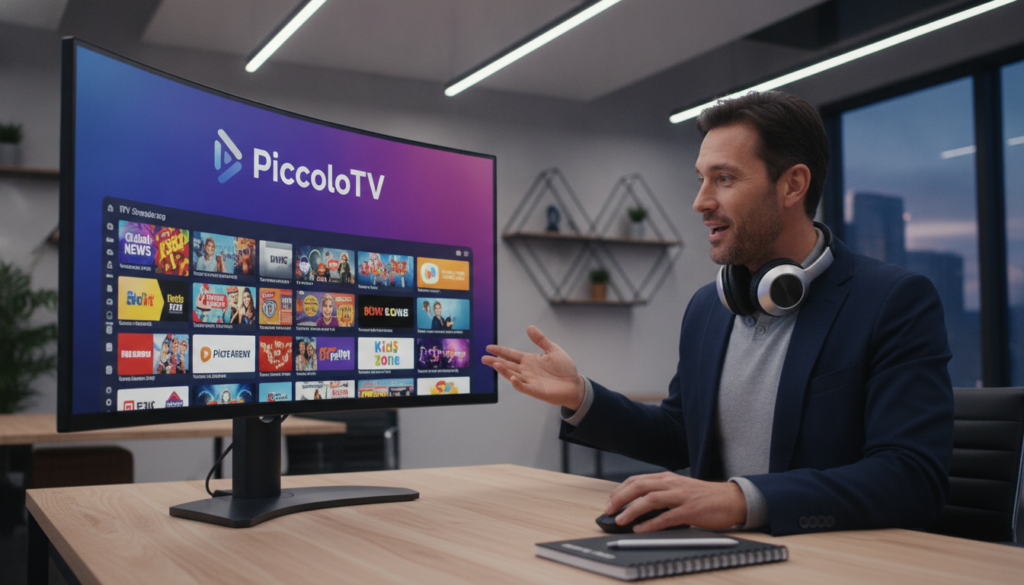 A modern, sleek workspace featuring a large computer monitor displaying the logo of PiccoloTV with a vibrant IPTV streaming interface. In the foreground, a professional individual in smart casual business attire is enthusiastically interacting with the interface, showcasing a diverse range of live TV channels and movies. The middle ground includes stylish accessories like a high-end headset and a notebook with tech notes. The background reveals a well-lit, contemporary office with subtle tech-themed decor and ambient lighting, creating a focused and innovative atmosphere. The image should have a slight angle, capturing the excitement of streaming technology, with bright, inviting colors that convey energy and modernity. The overall mood is professional yet engaging, ideal for conveying the allure of IPTV VPN services.