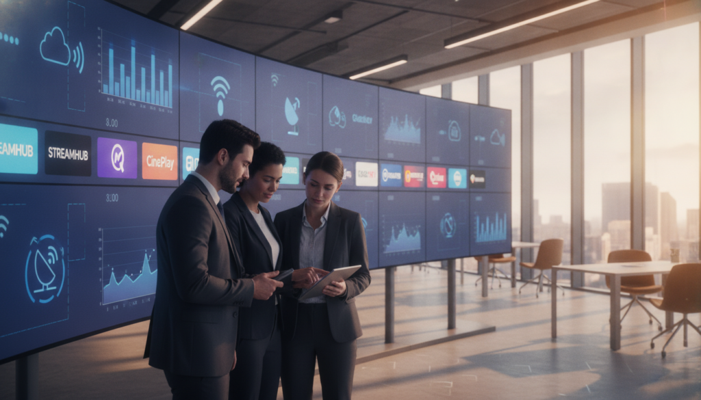 A sleek and modern IPTV service provider office in the UK, featuring a prominent display of digital screens showcasing popular streaming options. In the foreground, a diverse group of three professionals in business attire is collaborating over a tablet, analyzing IPTV service performance. The middle ground is filled with vibrant screens, displaying logos of various channels, alongside charts and wireless technology icons, to emphasize advanced streaming capabilities. The background shows a minimalist office space with big windows letting in natural light, creating a bright atmosphere. Use a wide-angle lens to capture the entire scene, with a warm, inviting color palette to evoke trust and professionalism, ensuring the setting feels inspiring and dynamic.