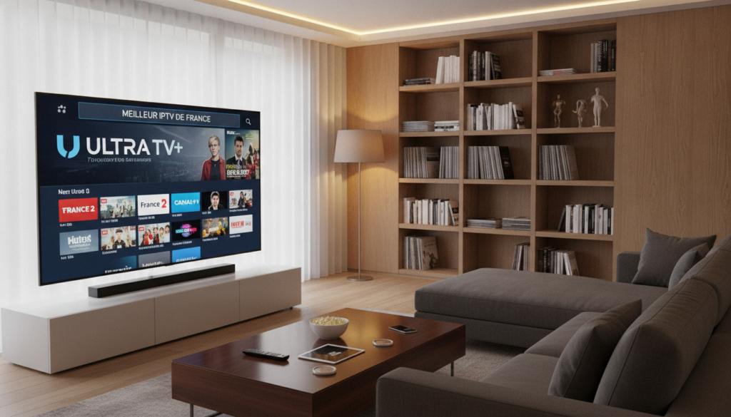 A sleek living room setup showcasing a modern TV displaying the interface of a high-quality IPTV service, symbolizing the best IPTV service in France. In the foreground, a stylish coffee table with gadgets and snacks, hinting at a cozy viewing experience. The middle ground features a plush sofa illuminated by warm, ambient lighting to create a welcoming atmosphere. In the background, an elegant bookshelf filled with media and decorative items, contributing to the sophisticated home environment. The scene is captured from a slightly elevated angle to emphasize the TV and its content. Soft natural light filters in from a large window, giving a bright and inviting feel. The overall mood is relaxed and enjoyable, perfect for family or friends watching live TV together.