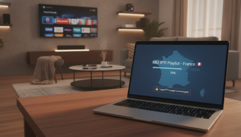 A vibrant digital scene representing the concept of "m3u playlist download France." In the foreground, depict a modern laptop with a download progress bar on the screen, showcasing the download of an IPTV playlist. Include French elements, such as a small flag and a map of France subtly integrated into the design. In the middle, illustrate a lively living room setting with a sophisticated TV displaying various streaming options. Surround the device with casual yet stylish decor, such as a cozy sofa and a coffee table. In the background, use soft, warm lighting to evoke a welcoming atmosphere, while hints of technology, like streaming devices and remote controls, are gently illuminated. The overall mood should feel contemporary and informative, emphasizing legal considerations in IPTV usage.