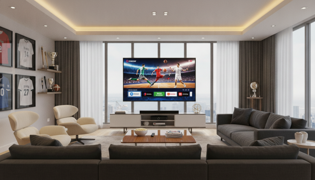 A visually striking image showcasing a modern living room setting, designed for sports enthusiasts. In the foreground, a large flat-screen TV prominently displays a sports channel with vibrant images of various sports, including soccer, basketball, and tennis highlights. Comfortably placed around the TV are stylish, contemporary furniture pieces: a sleek sofa, a couple of armchairs, and a stylish coffee table. In the middle ground, a colorful sports-themed décor enhances the atmosphere, featuring framed jerseys and sports memorabilia. The background shows a bright window with natural light flooding in, giving an inviting ambiance. Use warm lighting to create a cozy, spirited mood, with a slightly elevated angle to capture the room's layout effectively. The overall essence should communicate excitement and engagement with sports, perfect for a dedicated sports streaming experience.