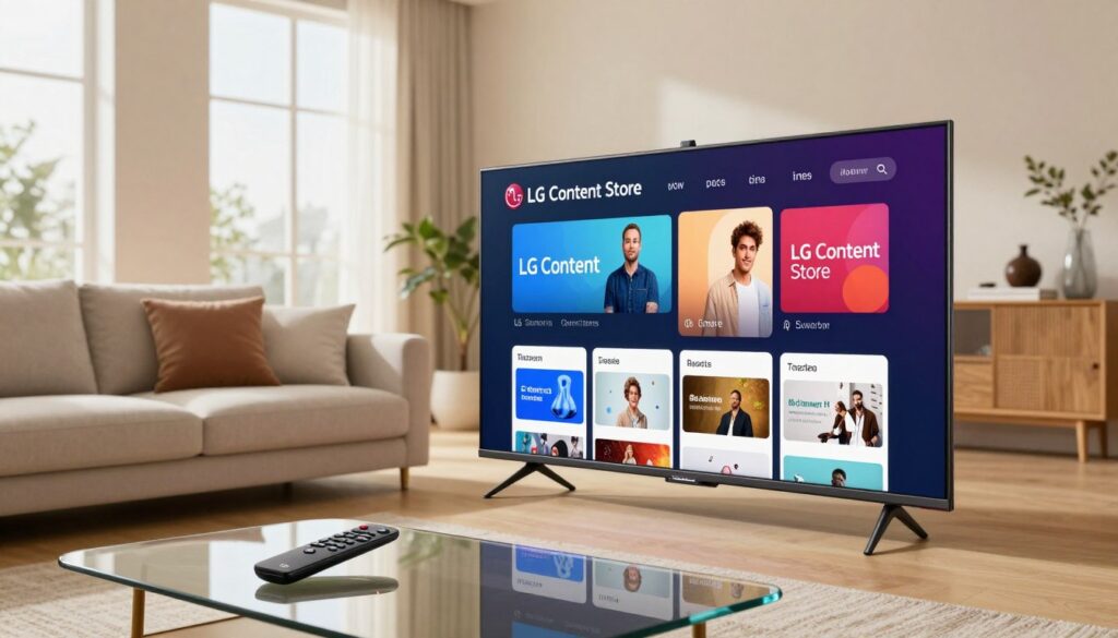 A modern LG Smart TV placed prominently in a stylish living room, featuring the LG Content Store app open on the screen, displaying a colorful interface with streaming options. The foreground includes the sleek remote control resting on a contemporary glass coffee table. The middle ground showcases a cozy sectional sofa adorned with soft cushions, creating an inviting atmosphere. In the background, large windows let in soft, natural light, illuminating the room with a warm, welcoming glow. The decor is minimalistic yet elegant, with light-colored walls and decorative elements like potted plants. The overall mood is relaxed and tech-savvy, emphasizing the state-of-the-art features of the LG Smart TV and the ease of use of its app interface.