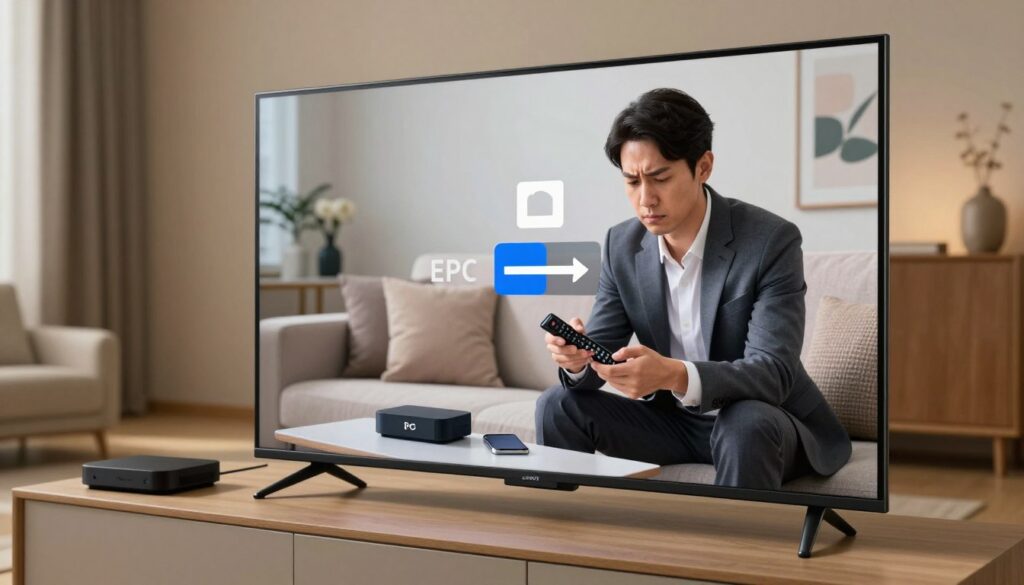 A modern smart TV displaying a buffering icon and missing EPG (Electronic Program Guide) data on its screen, prominently featured in the foreground. The TV is set against a stylish living room background, with soft ambient lighting that creates a warm and inviting atmosphere. In the middle ground, a person in professional business attire is seated comfortably on a couch, frowning slightly as they troubleshoot the issue with a remote control in hand. They are surrounded by tech gadgets, such as a streaming device and a smartphone. The background should include tasteful décor elements that suggest a contemporary home setup. The angle should be a slightly elevated view to capture both the TV screen and the person’s focused expression, emphasizing the troubleshooting theme of the scene.