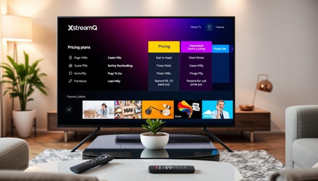 A sleek Smart TV prominently displaying the XstreamQ IPTV pricing plans and features on its screen, set in a modern living room with a cozy atmosphere. In the foreground, the Smart TV should showcase a vibrant, easy-to-read layout of the pricing plans, with clear visuals of different plan features. The middle ground includes a stylish coffee table with a remote control and a small plant, inviting a sense of comfort and relaxation. The background features a softly lit room, with warm, ambient lighting to enhance the inviting mood. The image should be captured from a slightly elevated angle, emphasizing the TV and its features while conveying a clean, professional aesthetic suitable for an article.