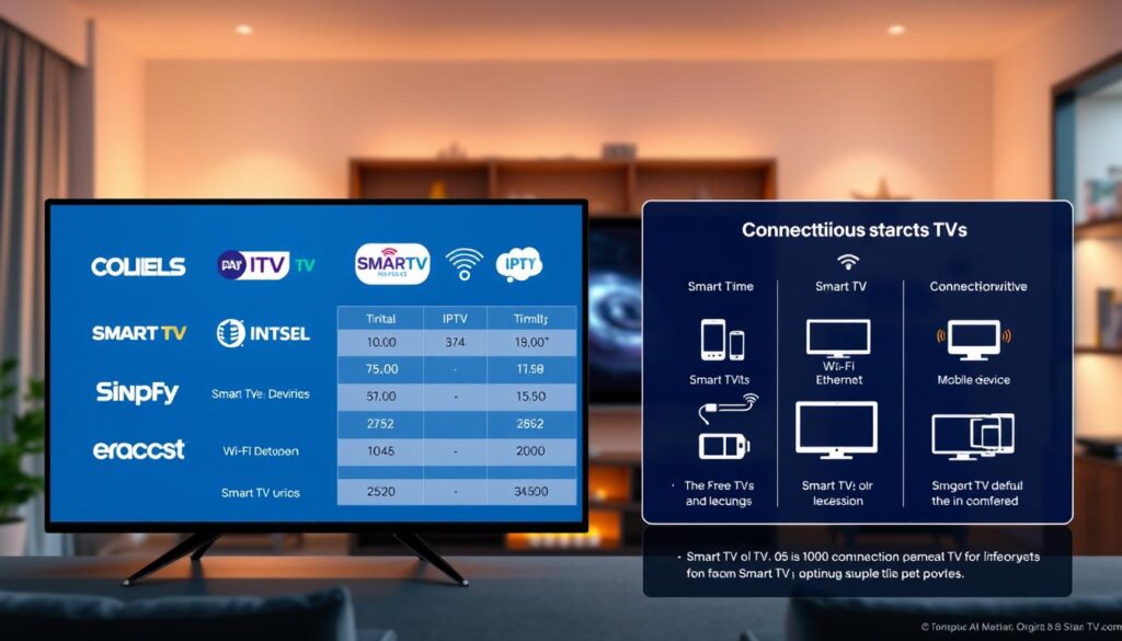 A visually engaging infographic depicting a comparison of IPTV free trials and simultaneous connections for Smart TVs. In the foreground, showcase an illustrative digital screen displaying various IPTV logos and a chart comparing pricing, trial durations, and connection limits. In the middle ground, incorporate icons representing Smart TVs with connection options like Wi-Fi, Ethernet, and mobile devices. The background should include a tech-inspired home setting, filled with cozy lighting to create a warm and inviting atmosphere. Use a clean, modern layout with a balanced composition, emphasizing clarity and readability, and ensuring the design conveys a sense of professionalism and technological innovation. Use soft lighting with a focus on details and vibrant colors to attract viewer attention.